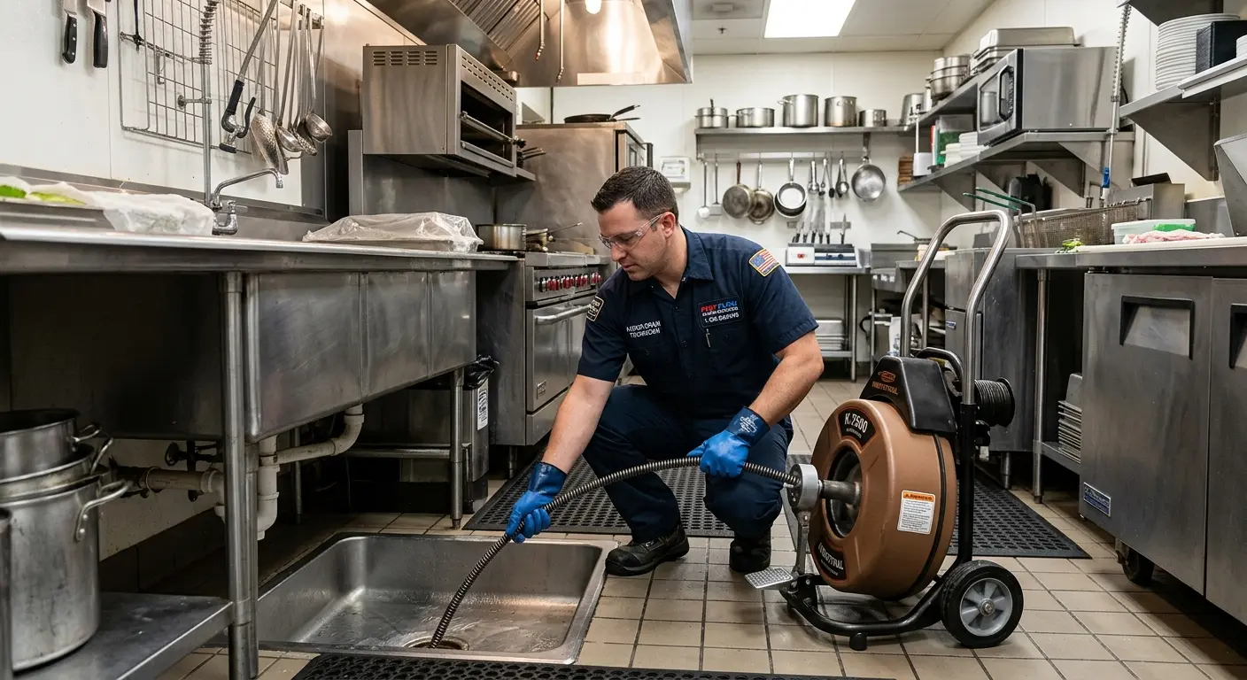 Commercial drain cleaning service in a restaurant kitchen in University