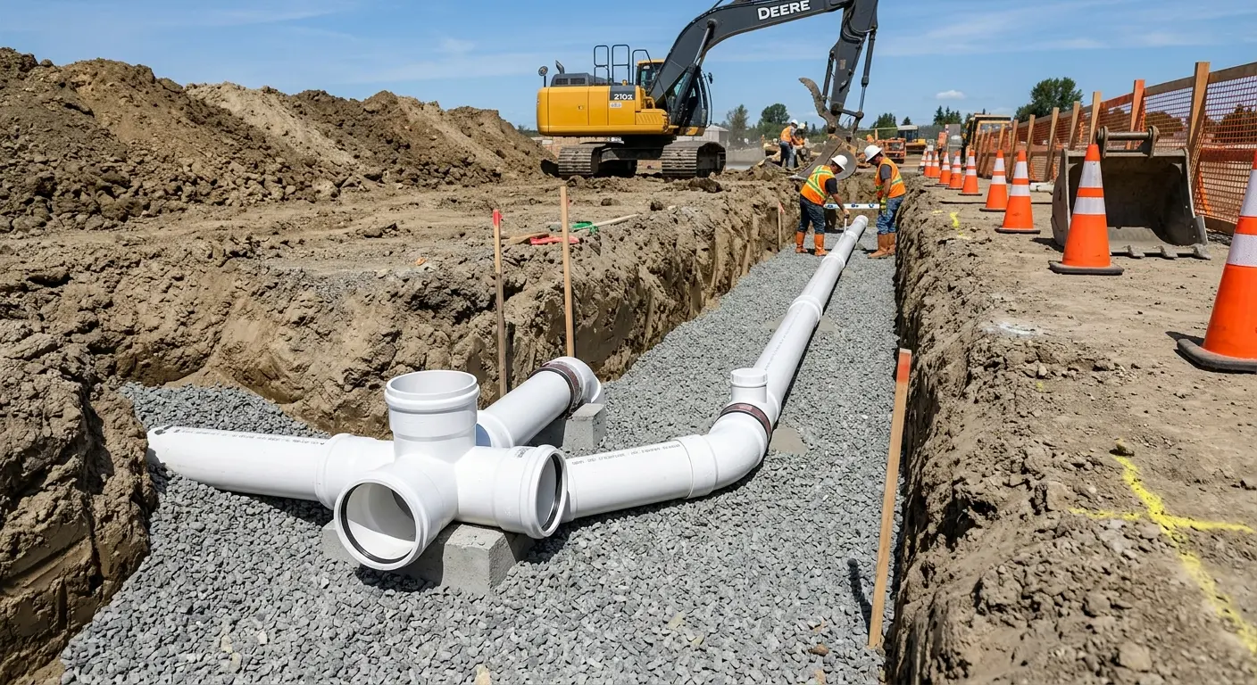 New PVC sewer pipe installation in open trench for Sewer Backup in University